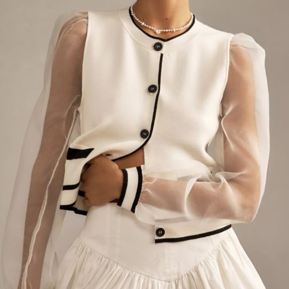 Maeve Sweaters - Maeve Organza-Sleeve Cardigan Sweater, at Anthropologie